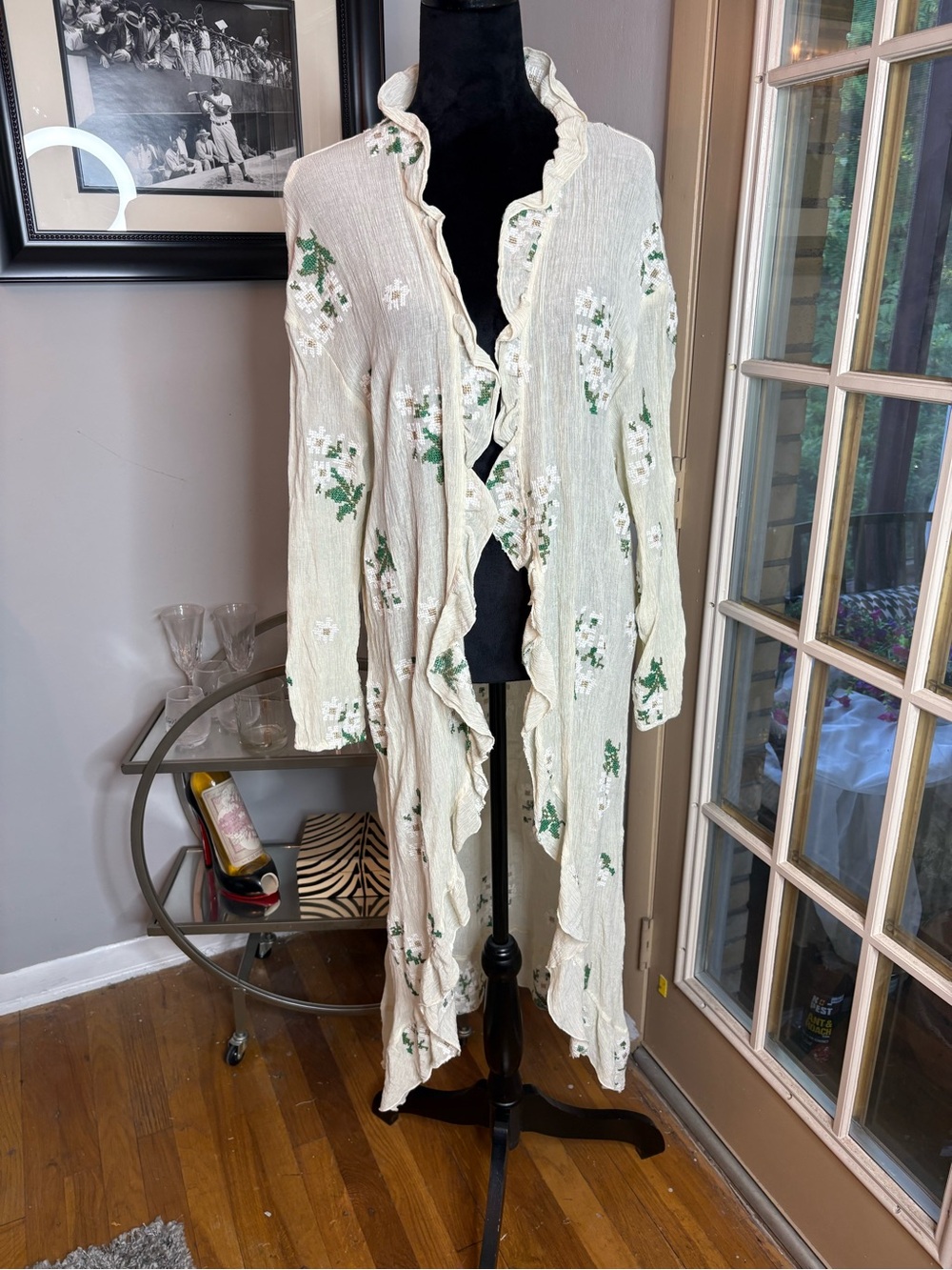 Anthropologie Ivory Floral-Embroidered Open Cardigan